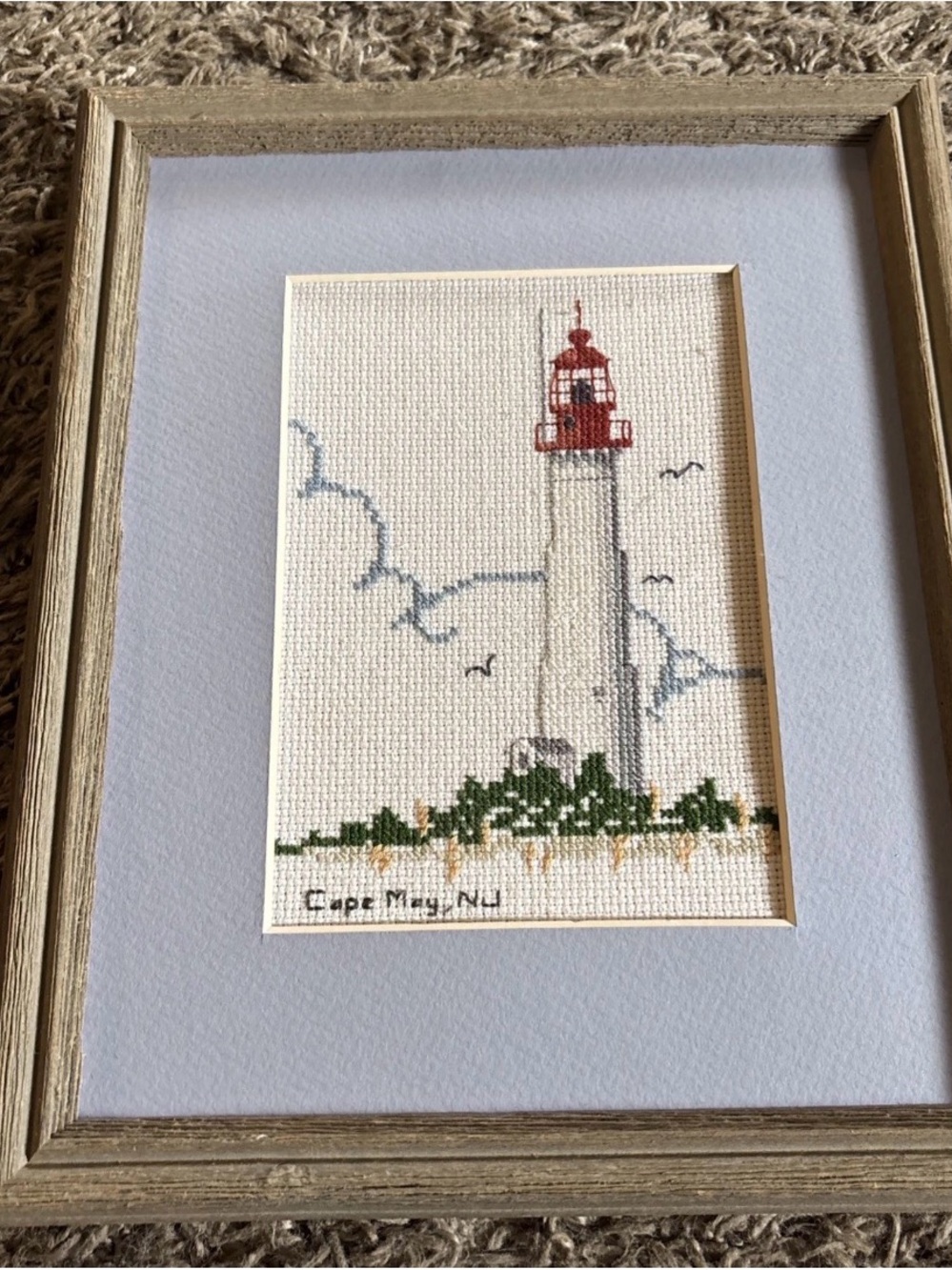 Framed Lighthouse Cross-Stitch Wall Art - Red, White & Green